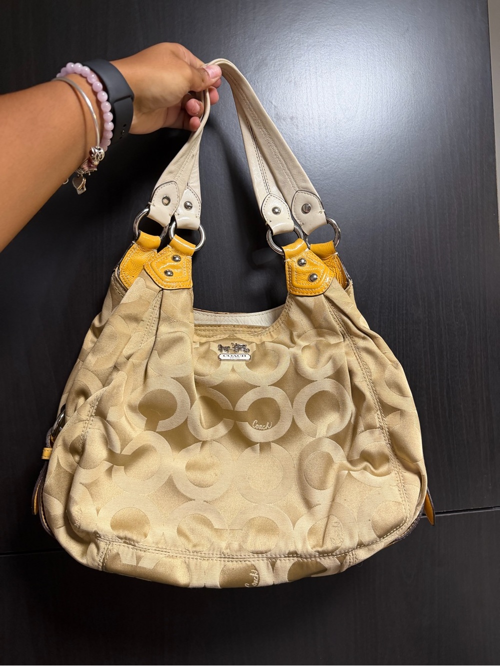 Coach Beige Signature Shoulder Bag with Yellow Accents